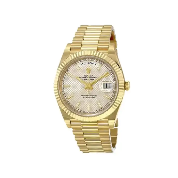Rolex Day-Date 40 Yellow Gold Silver Dial Diagonal Motif Index & Fluted Bezel President Bracelet 228238 - Image 6