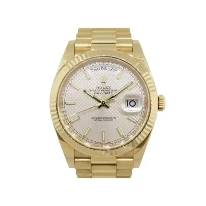 Rolex Day-Date 40 Yellow Gold Silver Dial Diagonal Motif Index & Fluted Bezel President Bracelet 228238 - Image 5