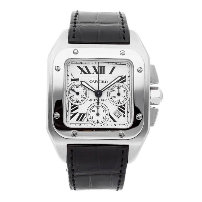 Cartier Santos 100XL Chronograph Large White Dial Leather Belt Men’s Watch